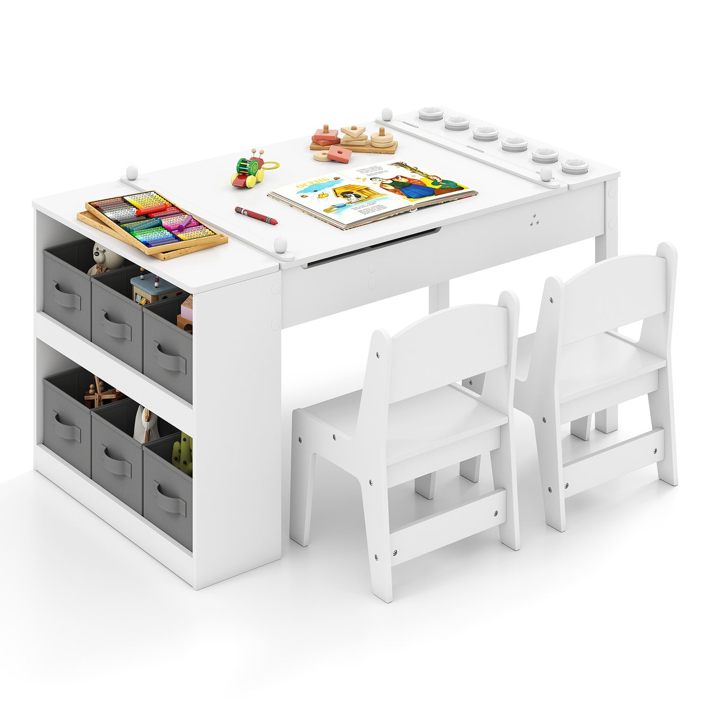 COSTWAY 2-In-1 Kids Art Table and Easel Set Wooden Drawing Desk W/Chairs-White