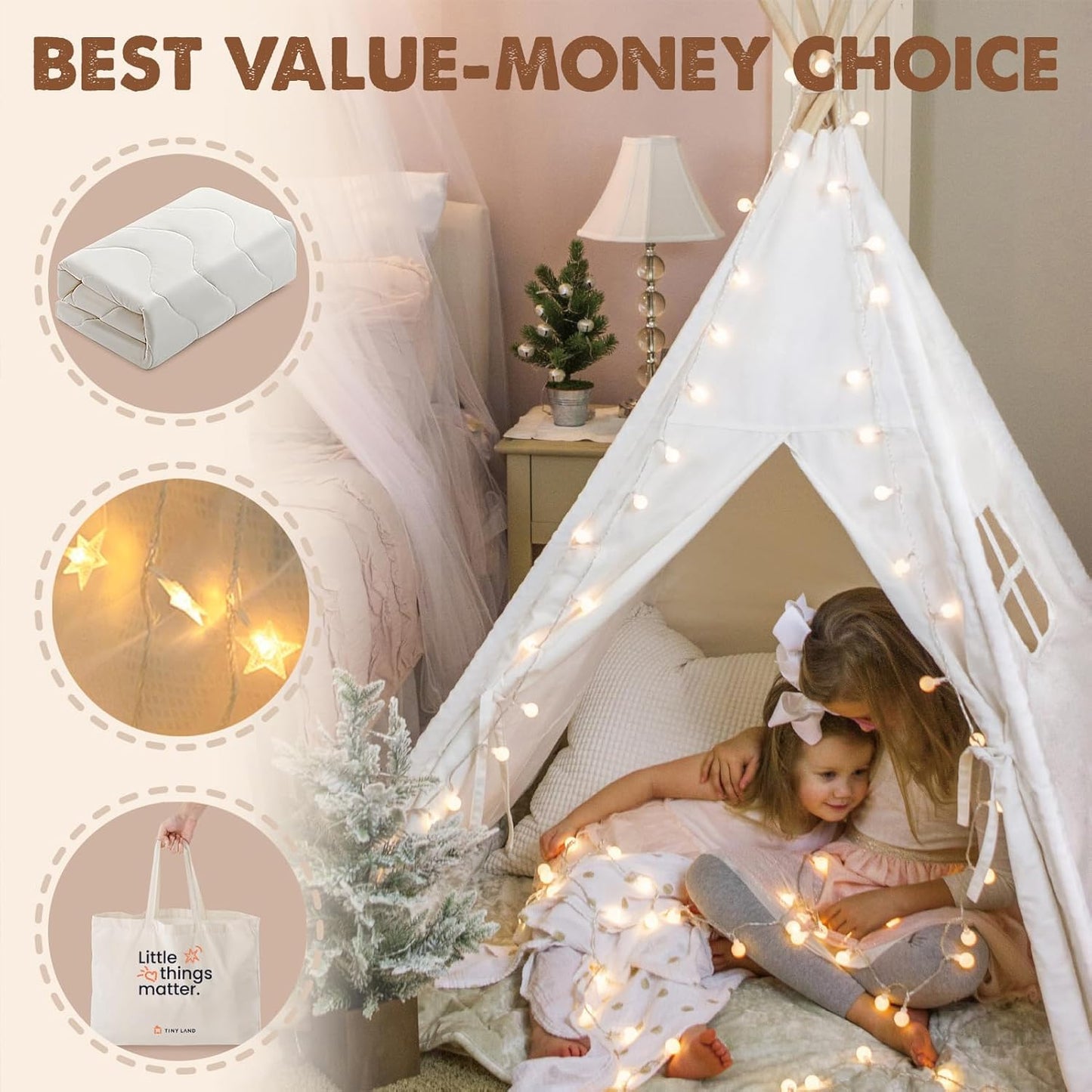 Teepee Tent with Padded Mat, Light String & Carry Case - Kids Foldable Play Tent for Indoor Outdoor, Raw White Canvas - Playhouse - Portable