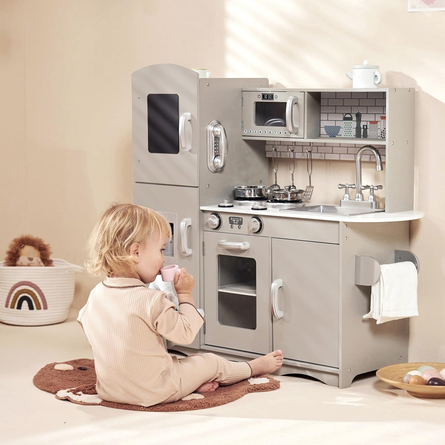 KIDOZ Wooden Toy Kitchen, Large Pretend Play Kitchen with Realistic Oven, Microwave and Sink with Taps, Kitchen Playset with Sounds and Lights for Kids (New Grey (Kitchen with Utensils)