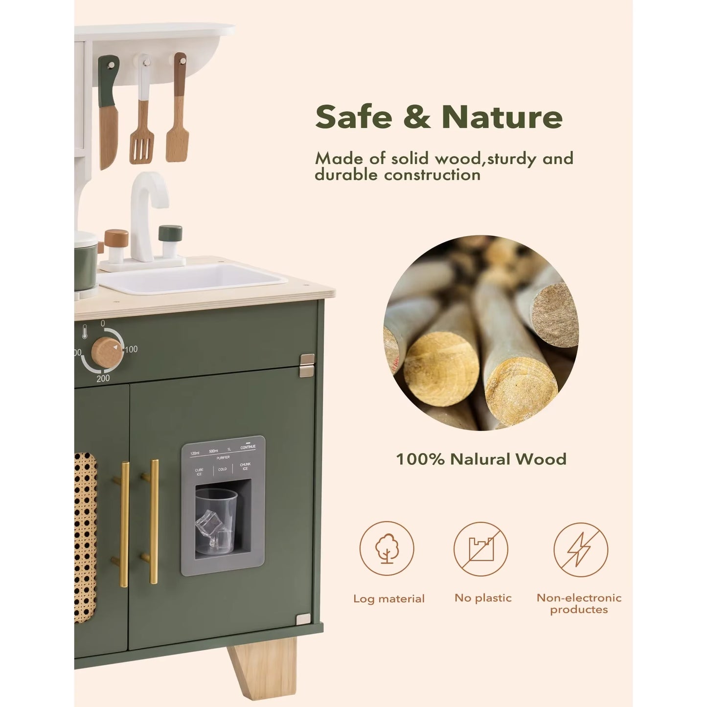Robud Kids Kitchen Play Set with Ice Maker Pretend Playset Wooden Toy for Kids Age 3+ Vintage Green for Toddler