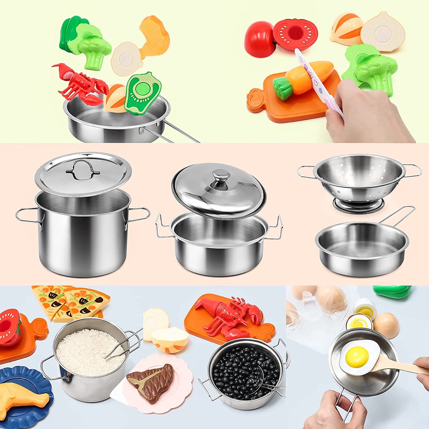 37Items 59Pcs Kids Pretend Play Kitchen Accessories Set, Stainless Steel Play Pots and Pans Sets for Kids, Cooking Utensils, Play Food Pizza Knife Kitchen Playset Toys Gift for Boys Girls Toddlers 3+