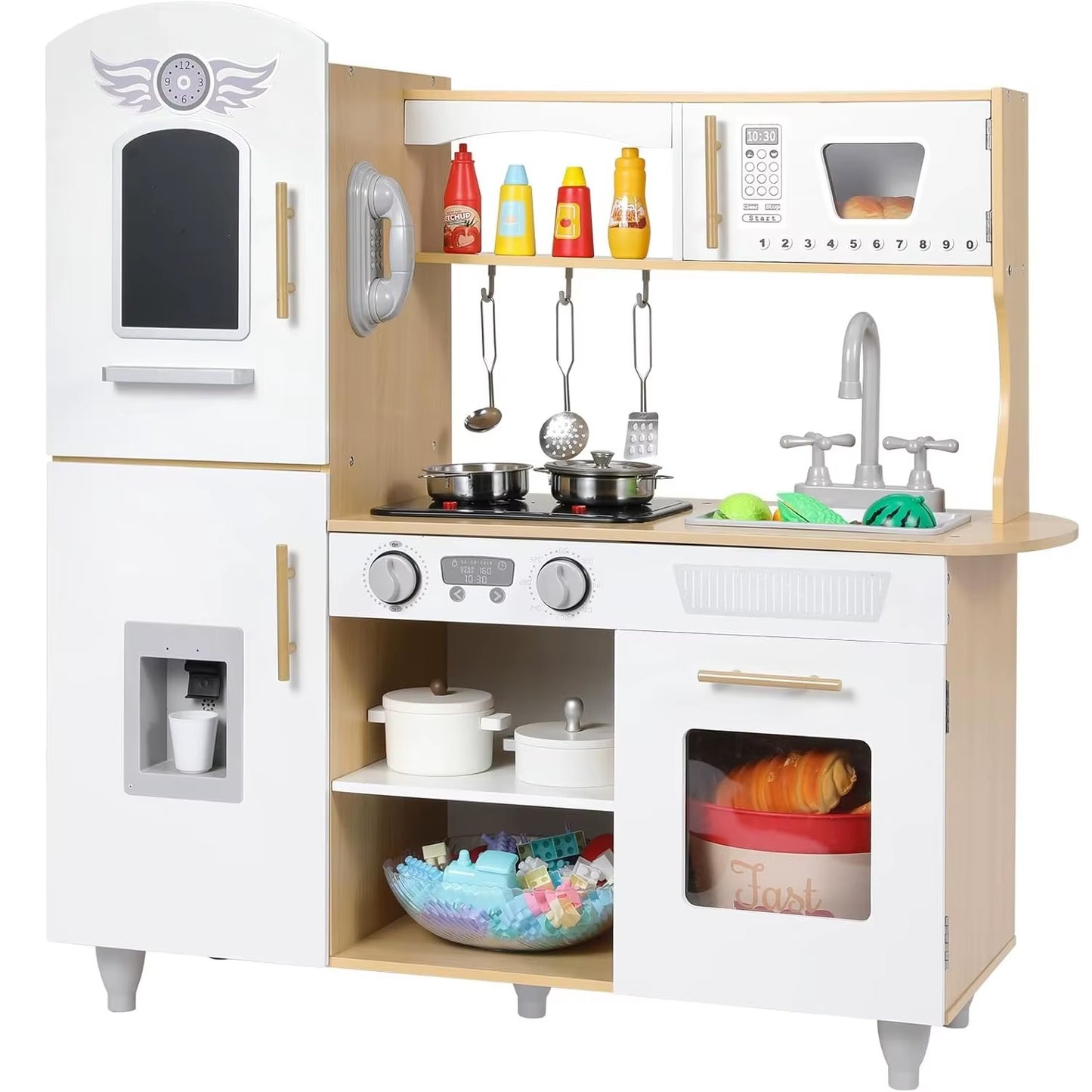 Wooden Toy Kitchen Playset with Real Lights & Sounds, Play Kitchen Set for Toddlers, Double-Door Fridge, Ice Maker & Cookware
