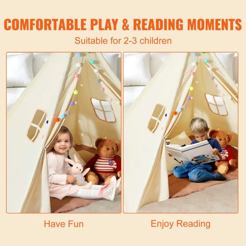 For Kids Play Tent Teepee for Toddler for Kids 1-5 Years Old with Mat Plush Balls and Windows for Indoor Outdoor Beige
