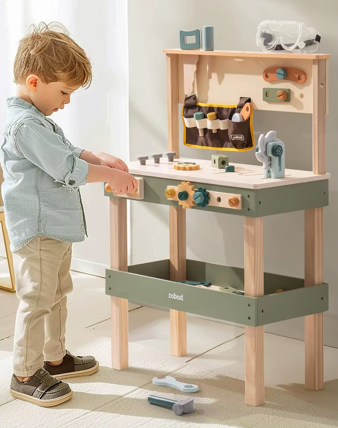 Toddler Pretend Play Kids Workbench Wooden Toy with Tool Belt Goggles Accessories for Creative Assembly Suitable for Age 3