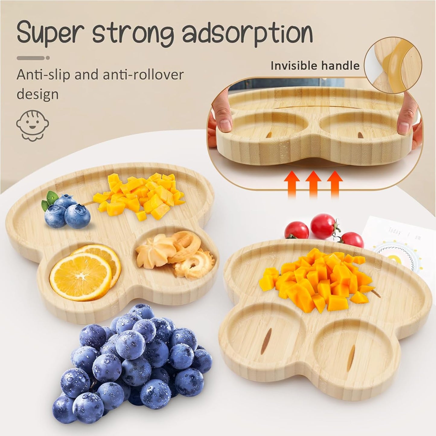 Bamboo Baby Plate with Silicone Suction Plate for Baby Toddler Kids- Divided Unbreakable- Non-Slip