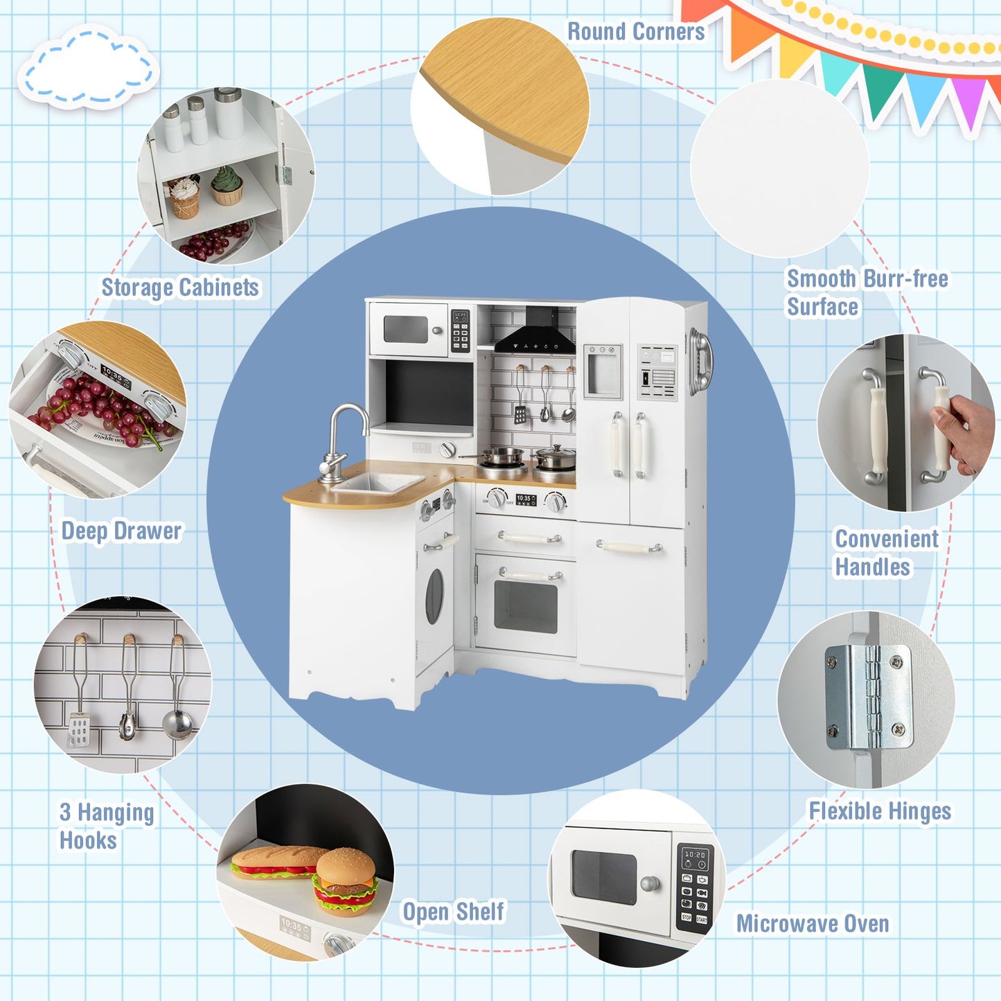 Kid'S Corner Kitchen Playset Wooden Play Kitchen with Range Hood