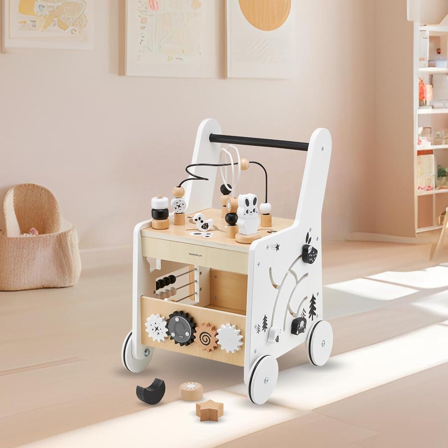 Wooden Baby Walker with Wheels 6-In-1 - Push along Toy 12+ Months - Baby Activity Centre Walker with Shape Sorter, Bead Mazes, Abacus and Gears and Stacking Blocks