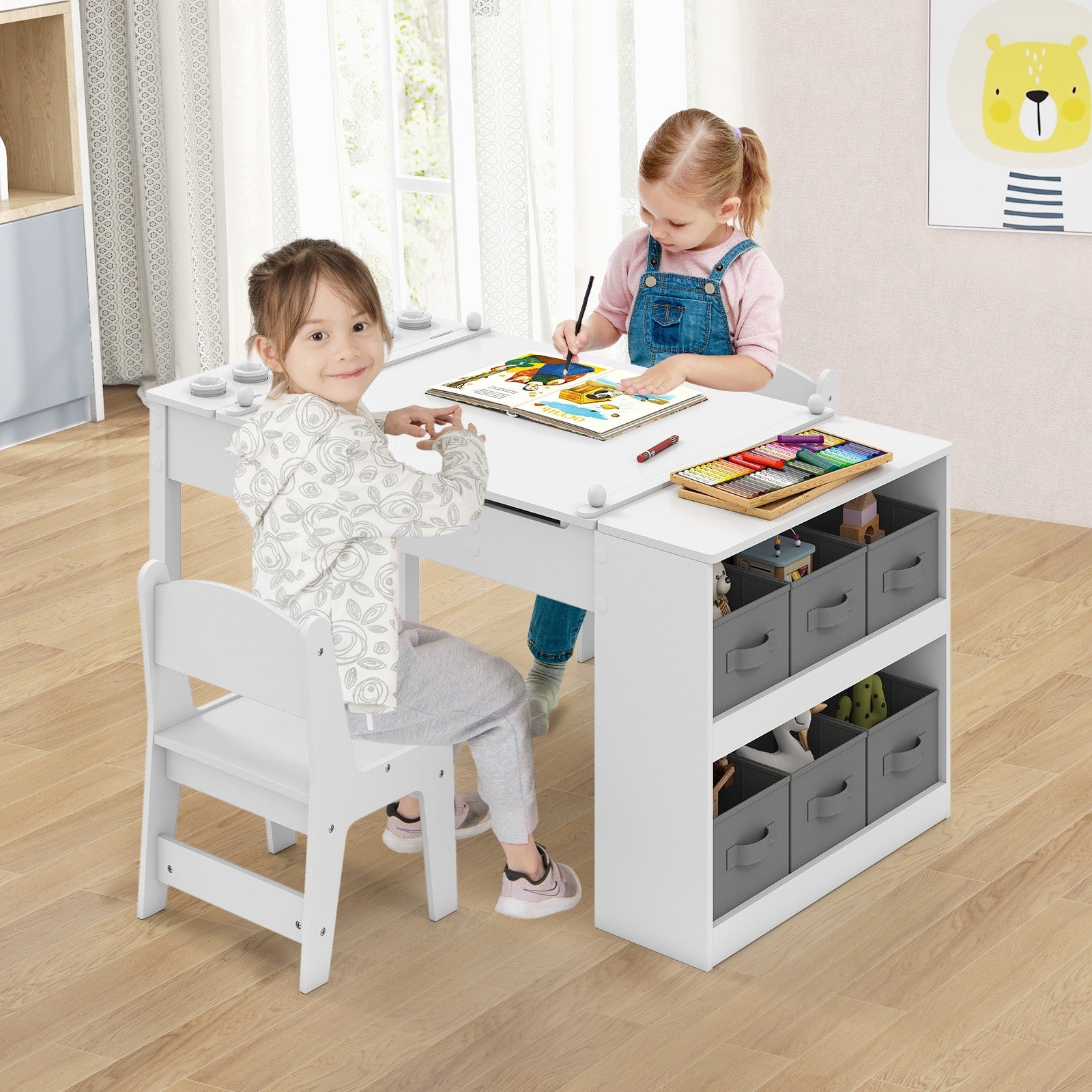 COSTWAY 2-In-1 Kids Art Table and Easel Set Wooden Drawing Desk W/Chairs-White