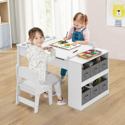 COSTWAY 2-In-1 Kids Art Table and Easel Set Wooden Drawing Desk W/Chairs-White