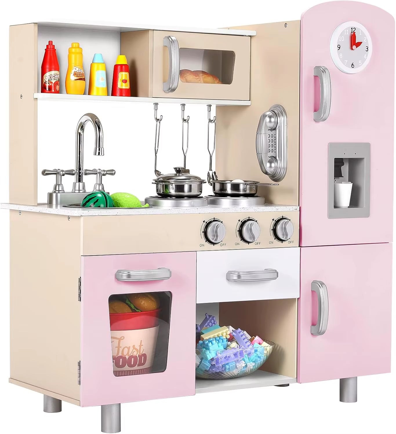 Kids Wooden Pretend Cooking Kitchen Playset with Cabinets for Toddler Play Kitchen Toy Cooking with Lights & Sounds