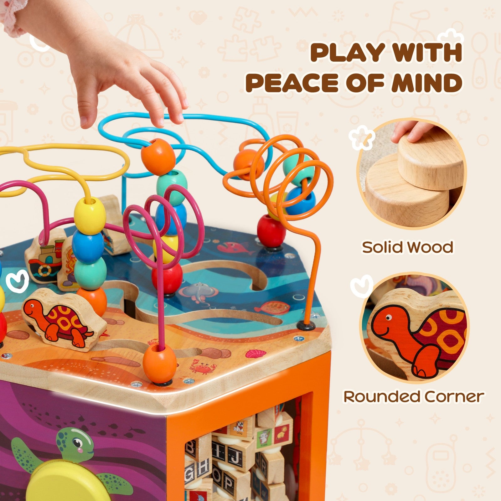 AIYAPLAY Wooden Activity Cube for Toddlers 18+ Months with Bead Maze