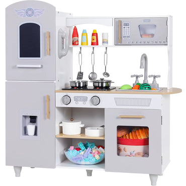Wooden Toy Kitchen Playset with Real Lights & Sounds, Play Kitchen Set for Toddlers, Double-Door Fridge, Ice Maker & Cookware