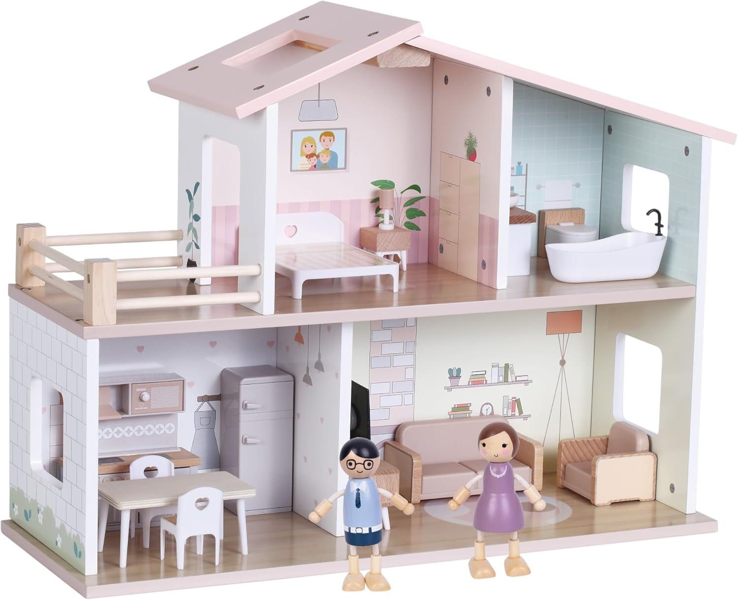 Wooden Dolls House – Modern Open Plan Three Storey Dollhouse with 2 Dolls & Furniture Set, Accessories, Sustainable Toy for Kids 3+