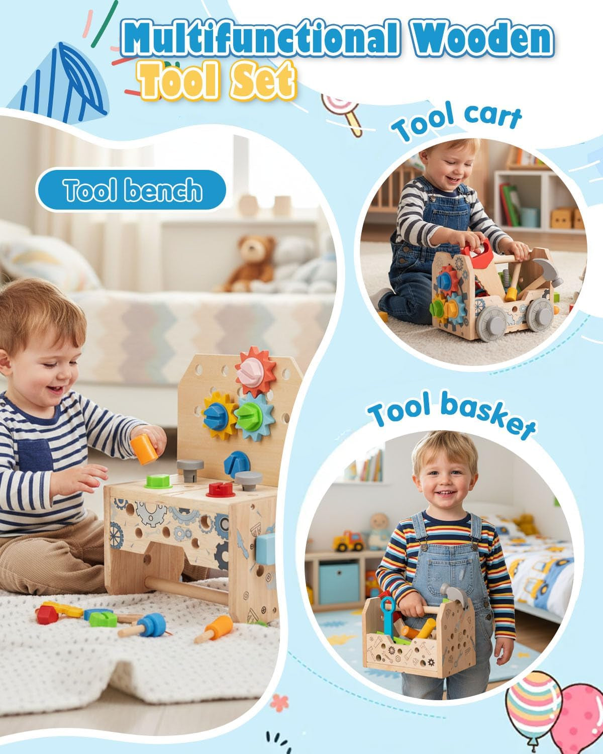 3-In-1 Design Wooden Tool Set Toys for Kids, Gifts for 2+ Year Old Boy Toys, 50 Pcs Accessories, Toddler Educational Construction Bench Set Toy for 2-6 Year Old Boys & Girls, Ideal