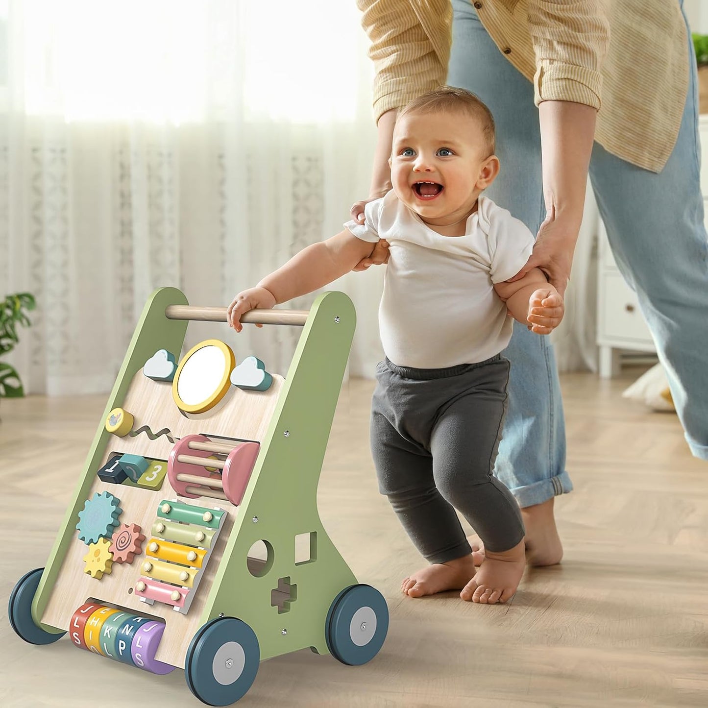 Wooden Walker for Babies 12 Months, Toddler Push along Walker Toy for 1 Year Olds Girls Boys Gifts, 8-In-1 Baby Activity Walker with Wooden Play Food Toys 1St Birthday Presents