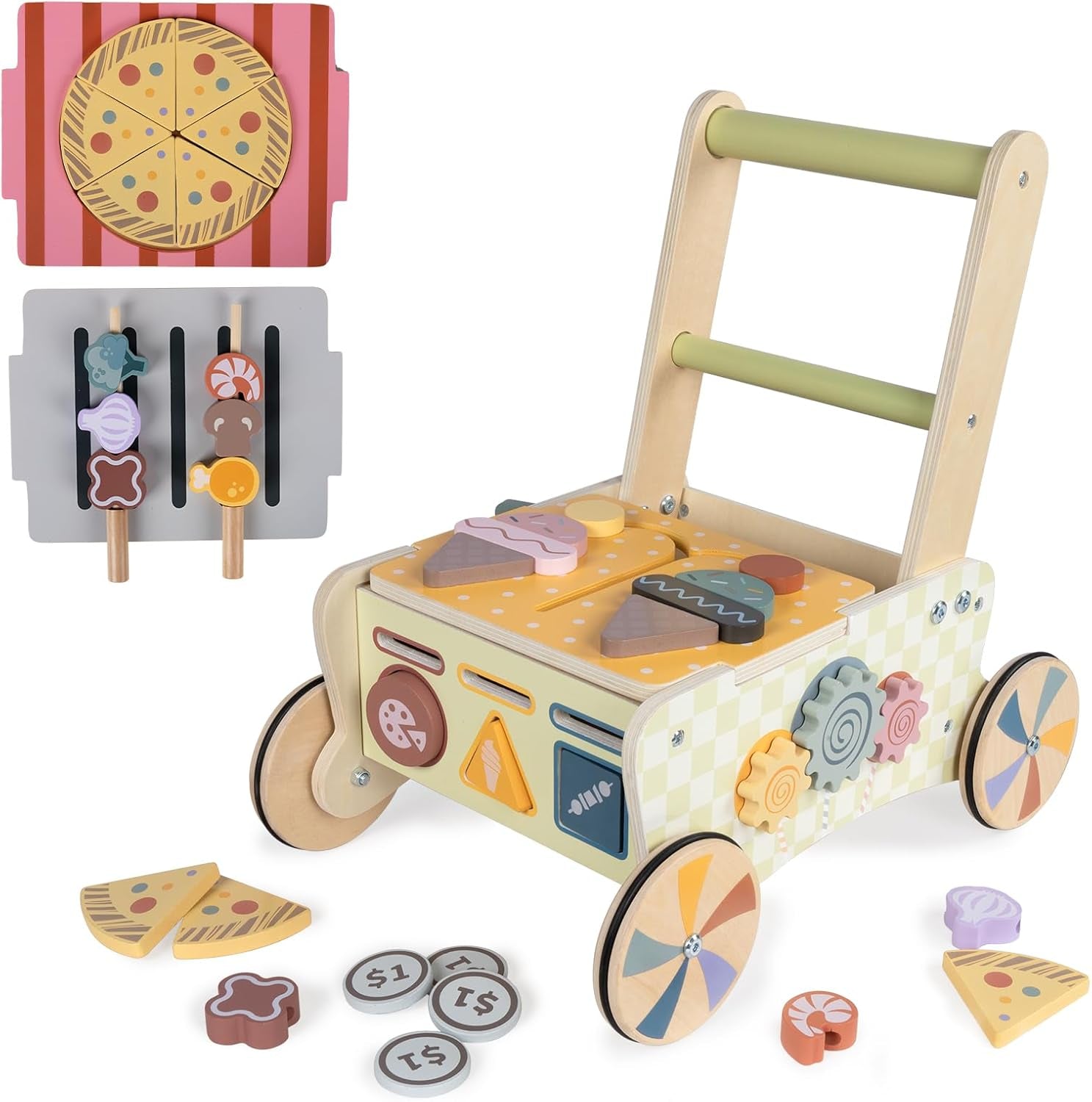 Wooden Walker for Babies 12 Months, Toddler Push along Walker Toy for 1 Year Olds Girls Boys Gifts, 8-In-1 Baby Activity Walker with Wooden Play Food Toys 1St Birthday Presents