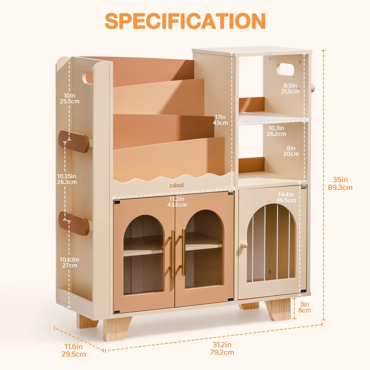 Robud Kids Wooden Bookshelf All-In-1 Kids Toy Storage Organizer 6 Cubby Bookcases Toy Chest Finish Space-Saving Caramel