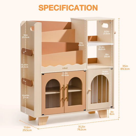 Robud Kids Wooden Bookshelf All-In-1 Kids Toy Storage Organizer 6 Cubby Bookcases Toy Chest Finish Space-Saving Caramel