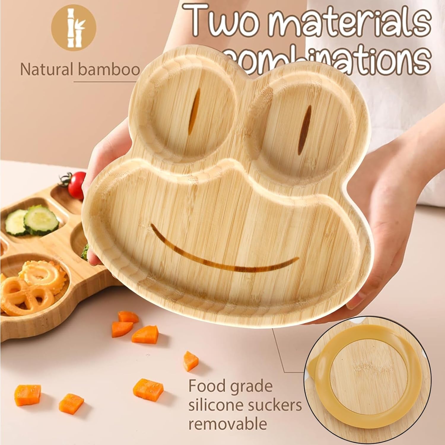 Bamboo Baby Plate with Silicone Suction Plate for Baby Toddler Kids- Divided Unbreakable- Non-Slip