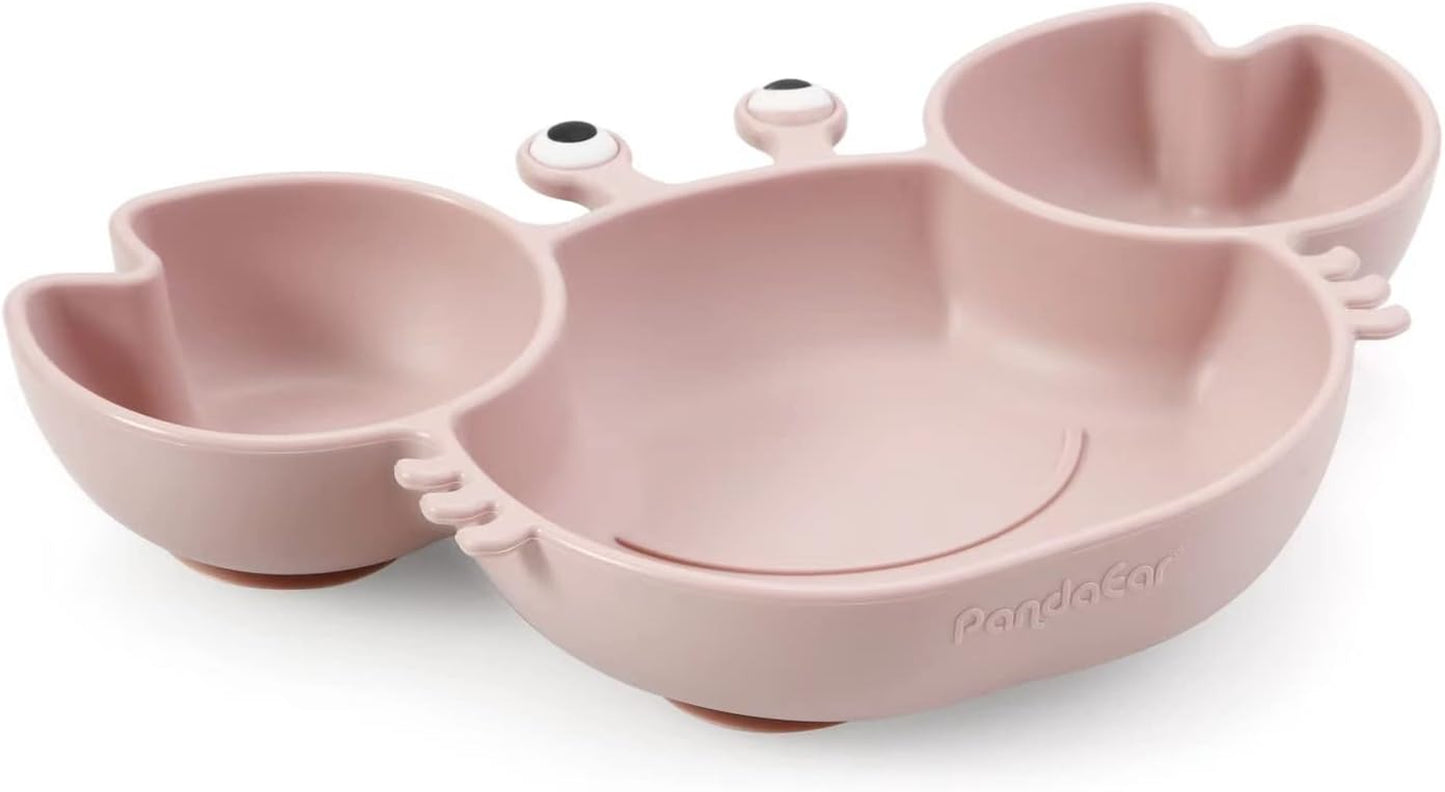 Silicone Baby Plate with Suction + Baby Sippy Cup + Baby Feeding Spoon Fork, Divided Kid Toddler Baby Suction Plate, Baby Feeding Items Led Weaning Set, Crab Pink