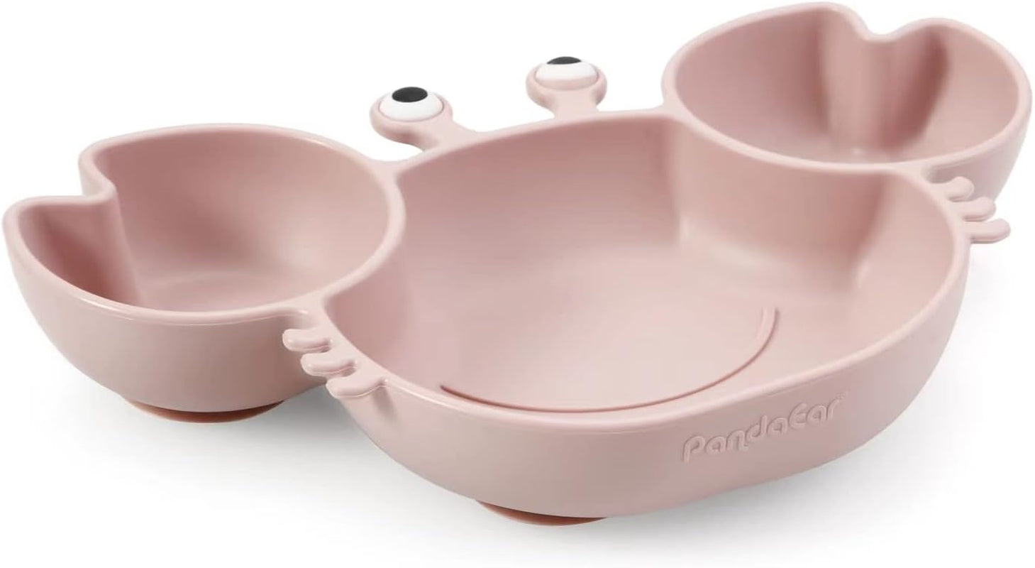 Silicone Baby Plate with Suction + Baby Sippy Cup + Baby Feeding Spoon Fork, Divided Kid Toddler Baby Suction Plate, Baby Feeding Items Led Weaning Set, Crab Pink