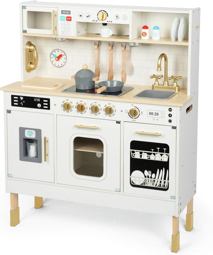 Wooden Play Kitchen, Children'S Play Kitchens & Toddler Set, Playset for Kids 3+ with LED Lights, Interactive Toy with Microwave, Dishwasher, Coffee Machine, Oven, Sink & Accessories