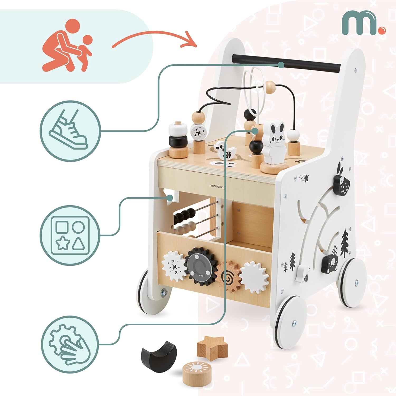 Wooden Baby Walker with Wheels 6-In-1 - Push along Toy 12+ Months - Baby Activity Centre Walker with Shape Sorter, Bead Mazes, Abacus and Gears and Stacking Blocks