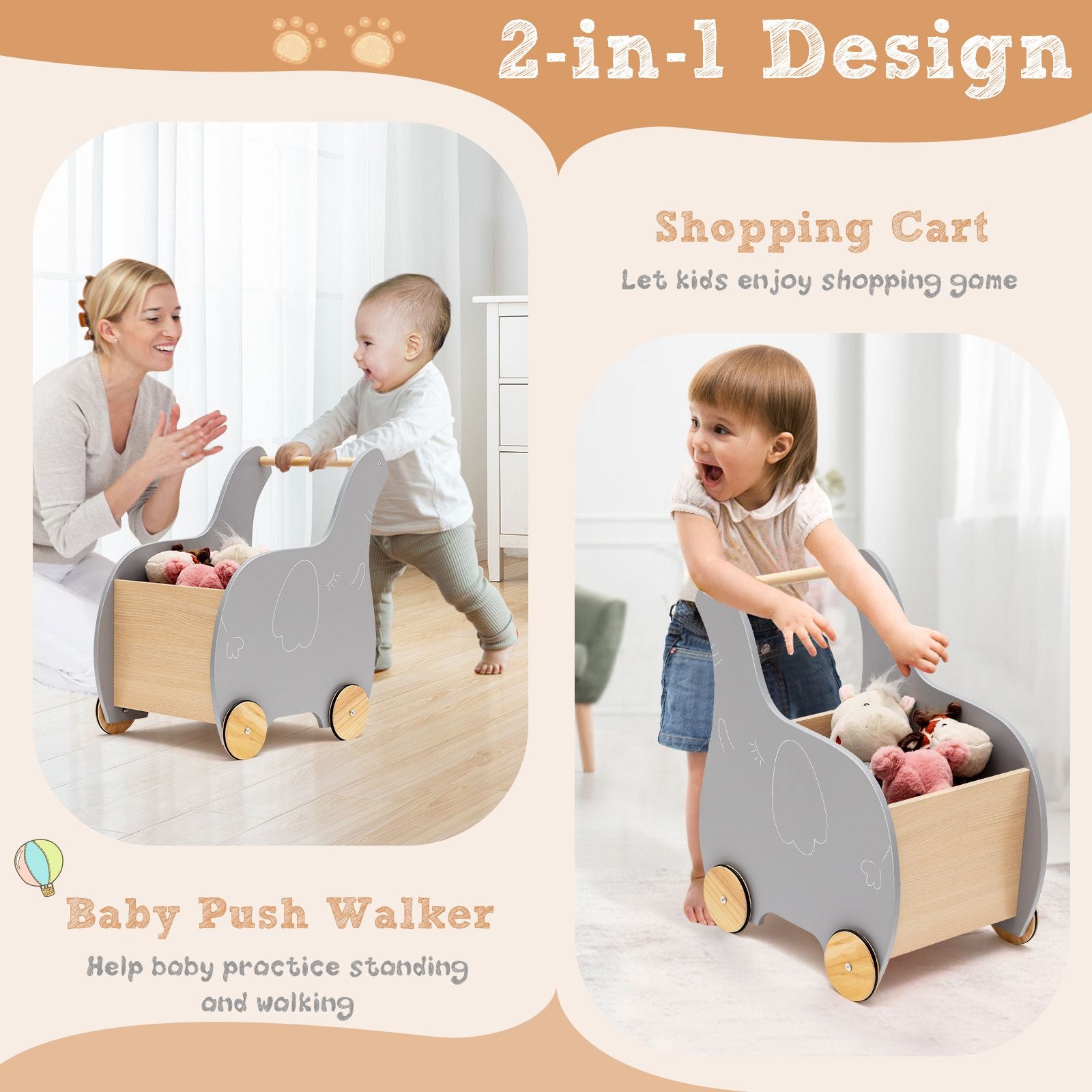 2-In-1 Wooden Baby Walker with Storage Chest and 4 Wheels