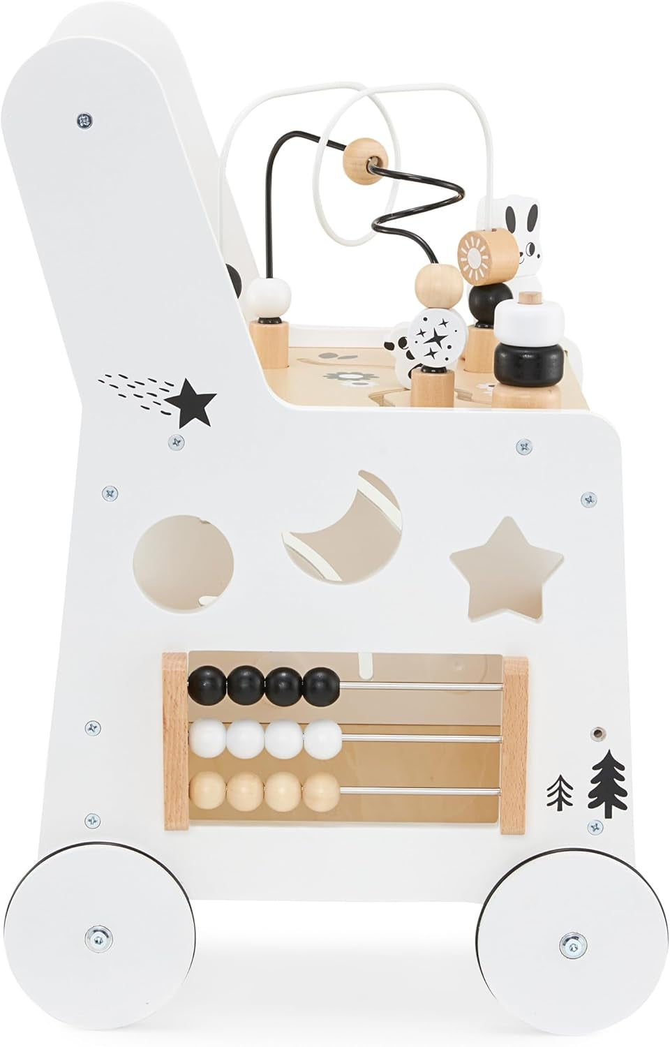 Wooden Baby Walker with Wheels 6-In-1 - Push along Toy 12+ Months - Baby Activity Centre Walker with Shape Sorter, Bead Mazes, Abacus and Gears and Stacking Blocks