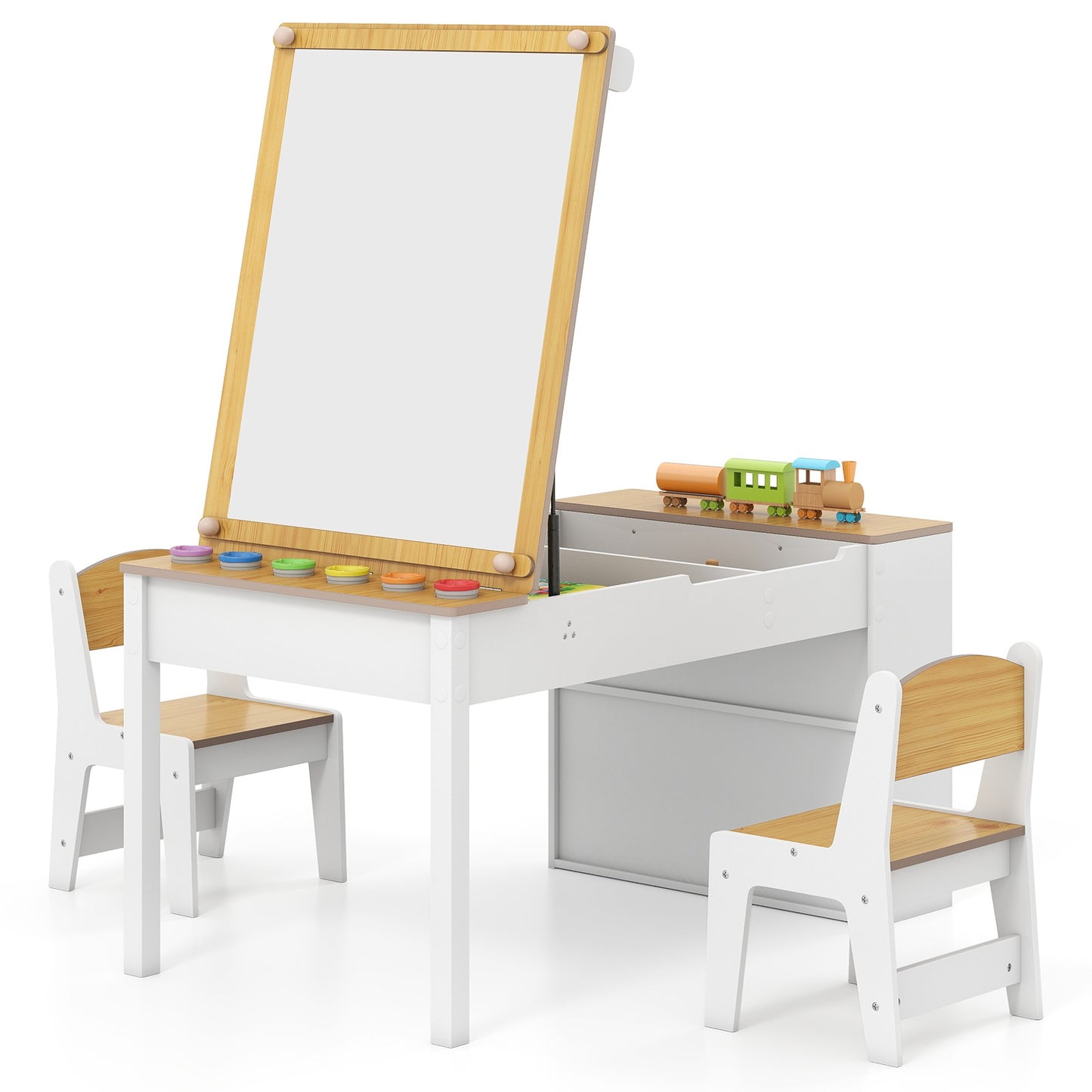 COSTWAY 2-In-1 Kids Art Table and Easel Set Wooden Drawing Desk W/Chairs-Natur