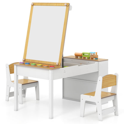 COSTWAY 2-In-1 Kids Art Table and Easel Set Wooden Drawing Desk W/Chairs-Natur