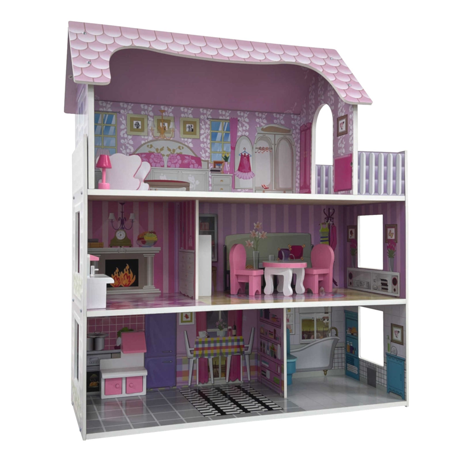 Childrens Kids Wooden Dolls House Playset with 9Pcs Furniture and Accessories