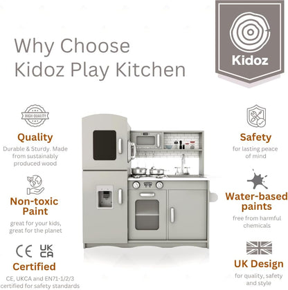 KIDOZ Wooden Toy Kitchen, Large Pretend Play Kitchen with Realistic Oven, Microwave and Sink with Taps, Kitchen Playset with Sounds and Lights for Kids (New Grey (Kitchen with Utensils)