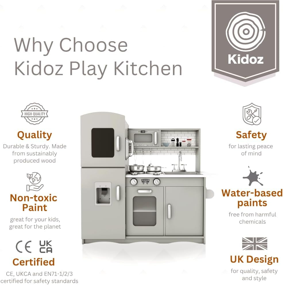 KIDOZ Signature Kids Wooden Kitchen, Large Pretend Role Play Kitchen with Realistic Oven, Microwave and Sink with Taps, Kitchen Playset with Sounds and Lights for Kids (Pink Kitchen with Utensils)