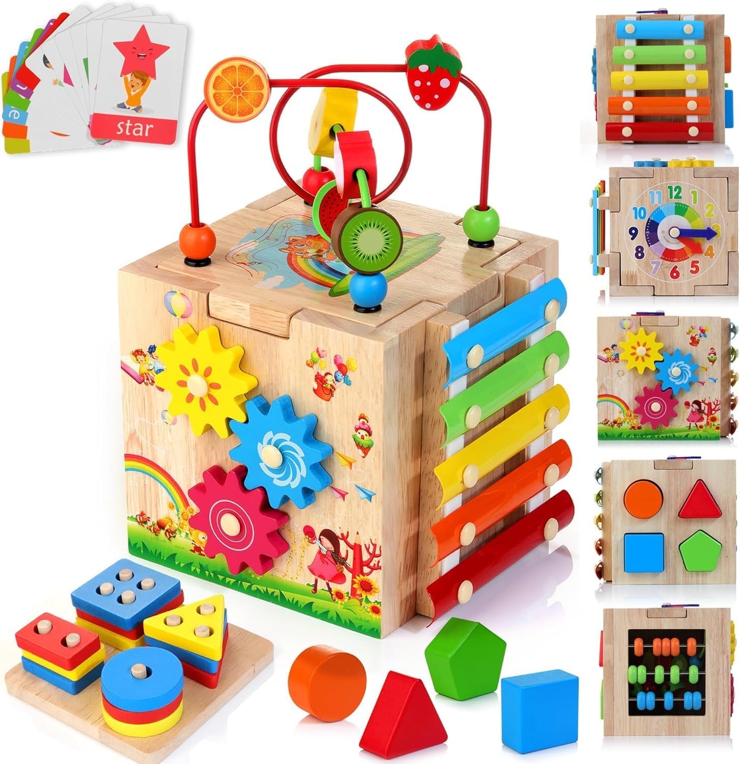 Wooden Activity Cube Baby Toys, 8-In-1 Montessori Educational Toy Set, Bead Maze Shape Sorter Abacus Xylophone Words & Clock Learning, STEM Toys for Boys Girls Toys for 1 2 3 Years Old
