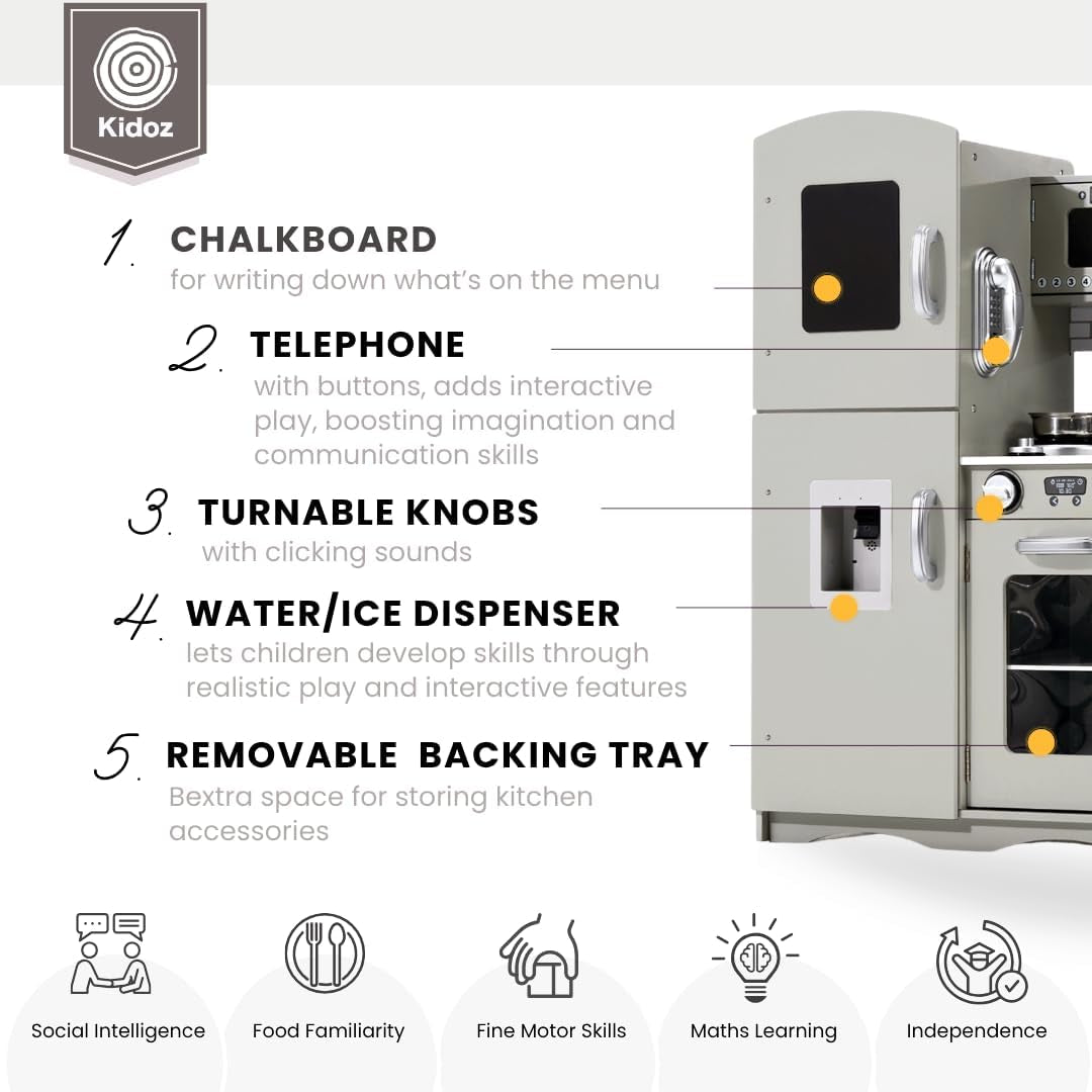 KIDOZ Signature Kids Wooden Kitchen, Large Pretend Role Play Kitchen with Realistic Oven, Microwave and Sink with Taps, Kitchen Playset with Sounds and Lights for Kids (Pink Kitchen with Utensils)