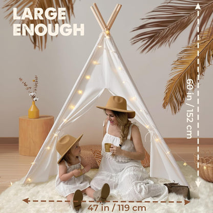 Teepee Tent with Padded Mat, Light String & Carry Case - Kids Foldable Play Tent for Indoor Outdoor, Raw White Canvas - Playhouse - Portable