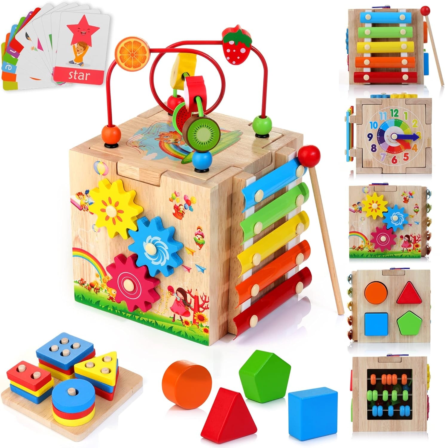 Wooden Activity Cube Baby Toys, 8-In-1 Montessori Educational Toy Set, Bead Maze Shape Sorter Abacus Xylophone Words & Clock Learning, STEM Toys for Boys Girls Toys for 1 2 3 Years Old