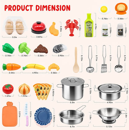 37Items 59Pcs Kids Pretend Play Kitchen Accessories Set, Stainless Steel Play Pots and Pans Sets for Kids, Cooking Utensils, Play Food Pizza Knife Kitchen Playset Toys Gift for Boys Girls Toddlers 3+