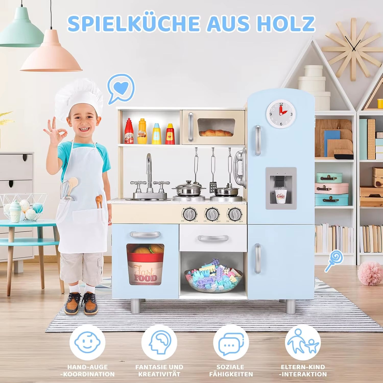 Kids Wooden Pretend Cooking Kitchen Playset with Cabinets for Toddler Play Kitchen Toy Cooking with Lights & Sounds