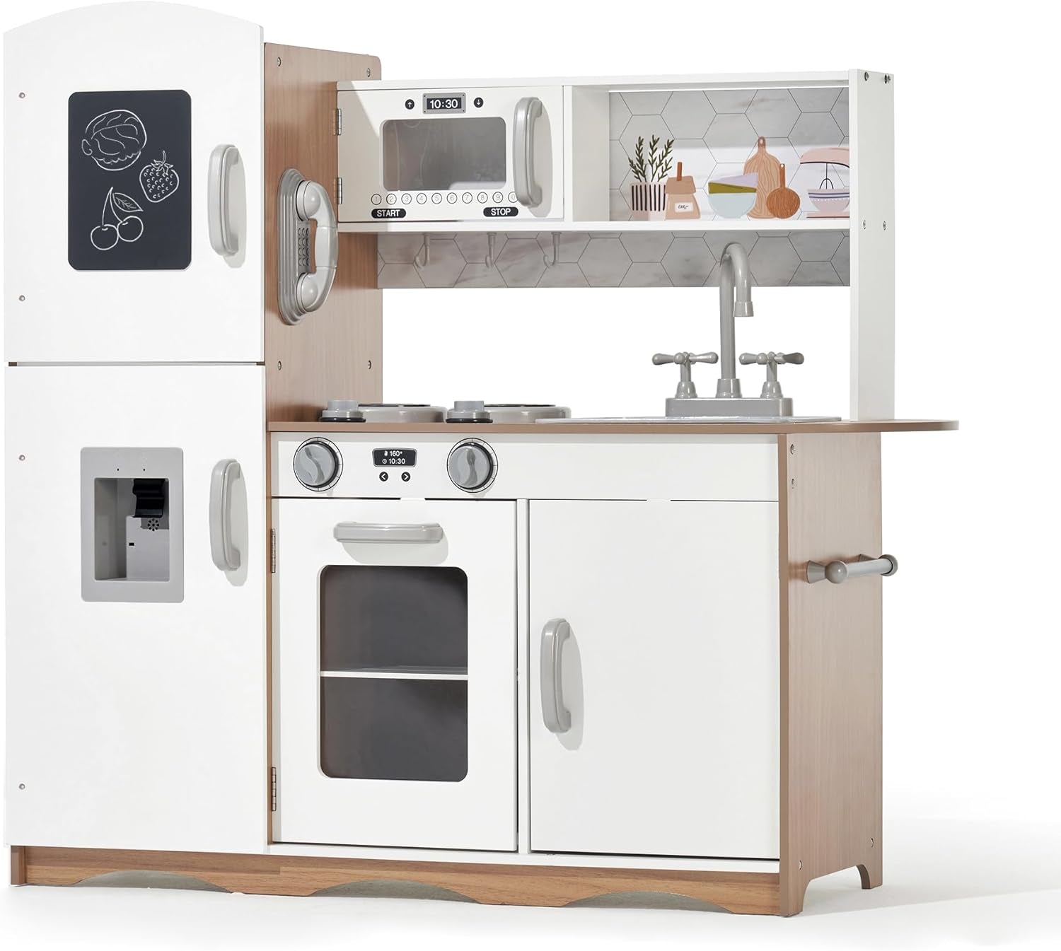 Kidoz Signature Kids Wooden Kitchen, Large Pretend Role Play Kitchen with Realistic Oven, Microwave and Sink with Taps, Kitchen Playset with Sounds and Lights for Kids (White Kitchen Only)
