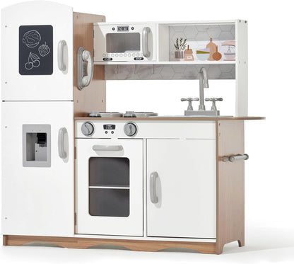 Kidoz Signature Kids Wooden Kitchen, Large Pretend Role Play Kitchen with Realistic Oven, Microwave and Sink with Taps, Kitchen Playset with Sounds and Lights for Kids (White Kitchen Only)