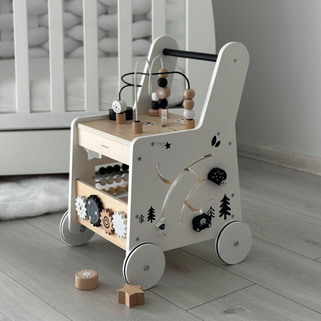 Wooden Baby Walker with Wheels 6-In-1 - Push along Toy 12+ Months - Baby Activity Centre Walker with Shape Sorter, Bead Mazes, Abacus and Gears and Stacking Blocks