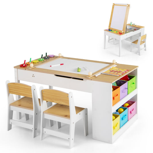 COSTWAY 2-In-1 Kids Art Table and Easel Set Wooden Drawing Desk W/Chairs-Natur