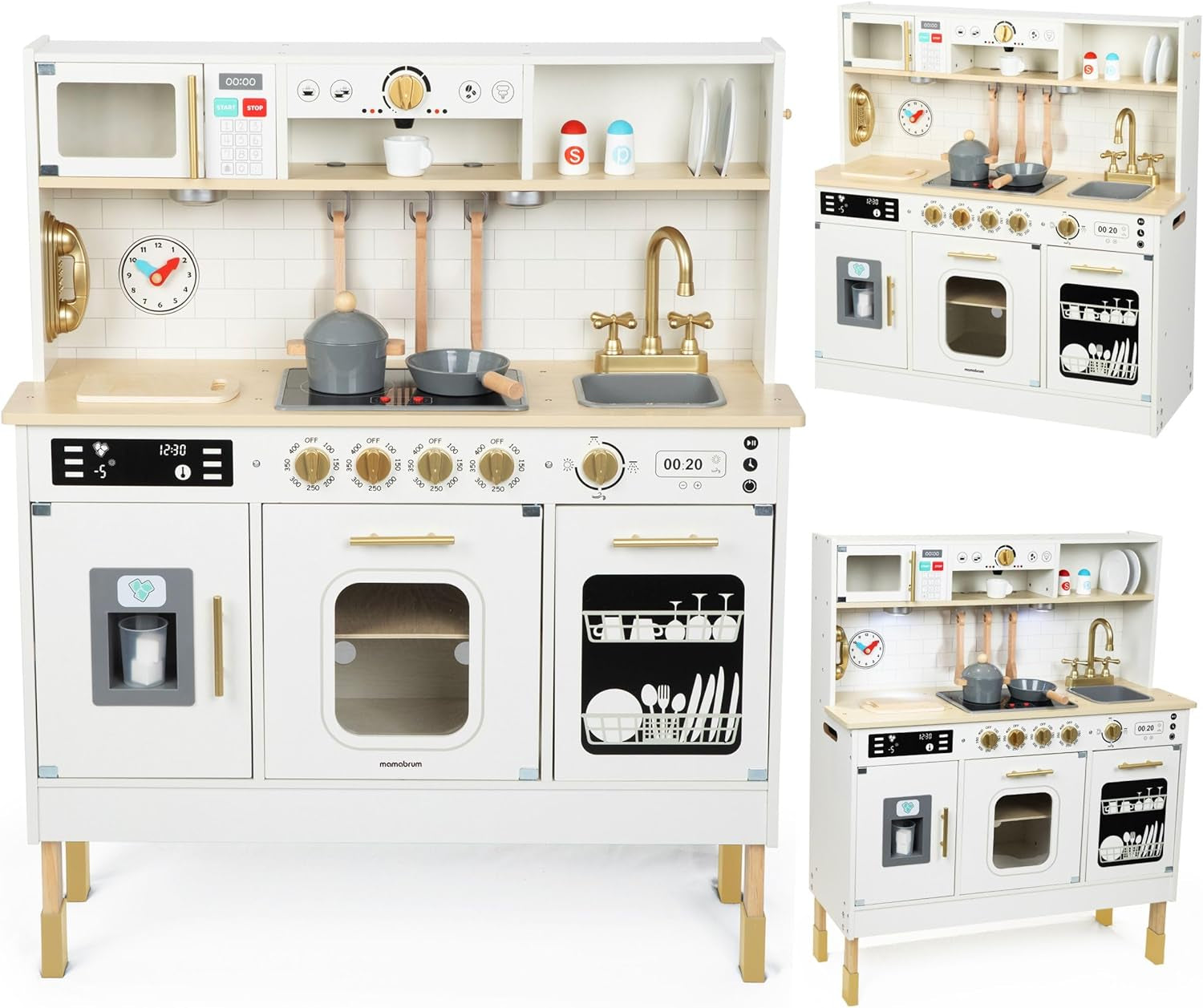 Wooden Play Kitchen, Children'S Play Kitchens & Toddler Set, Playset for Kids 3+ with LED Lights, Interactive Toy with Microwave, Dishwasher, Coffee Machine, Oven, Sink & Accessories