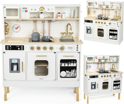 Wooden Play Kitchen, Children'S Play Kitchens & Toddler Set, Playset for Kids 3+ with LED Lights, Interactive Toy with Microwave, Dishwasher, Coffee Machine, Oven, Sink & Accessories