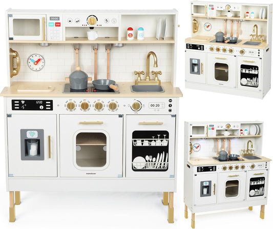 Wooden Play Kitchen, Children'S Play Kitchens & Toddler Set, Playset for Kids 3+ with LED Lights, Interactive Toy with Microwave, Dishwasher, Coffee Machine, Oven, Sink & Accessories