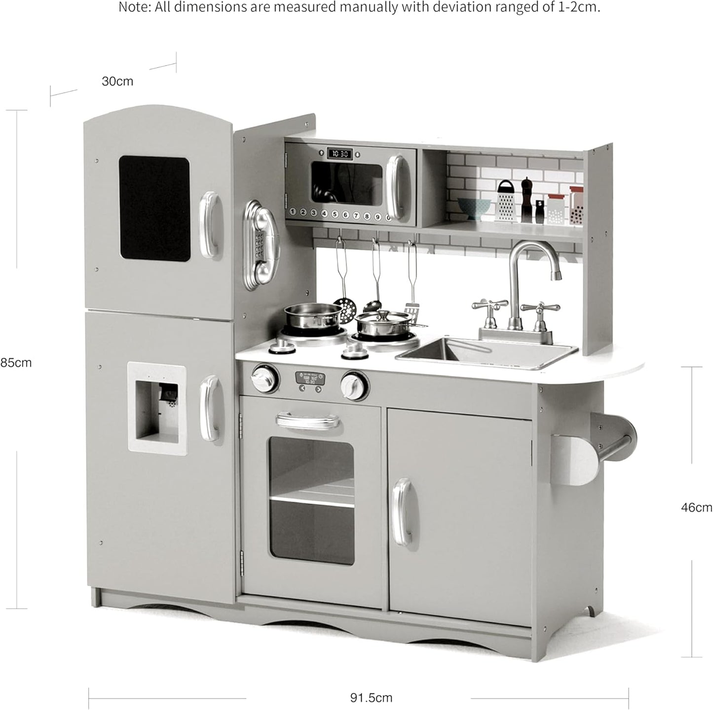 KIDOZ Wooden Toy Kitchen, Large Pretend Play Kitchen with Realistic Oven, Microwave and Sink with Taps, Kitchen Playset with Sounds and Lights for Kids (New Grey (Kitchen with Utensils)