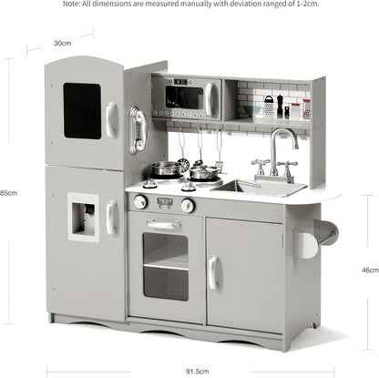 KIDOZ Wooden Toy Kitchen, Large Pretend Play Kitchen with Realistic Oven, Microwave and Sink with Taps, Kitchen Playset with Sounds and Lights for Kids (New Grey (Kitchen with Utensils)