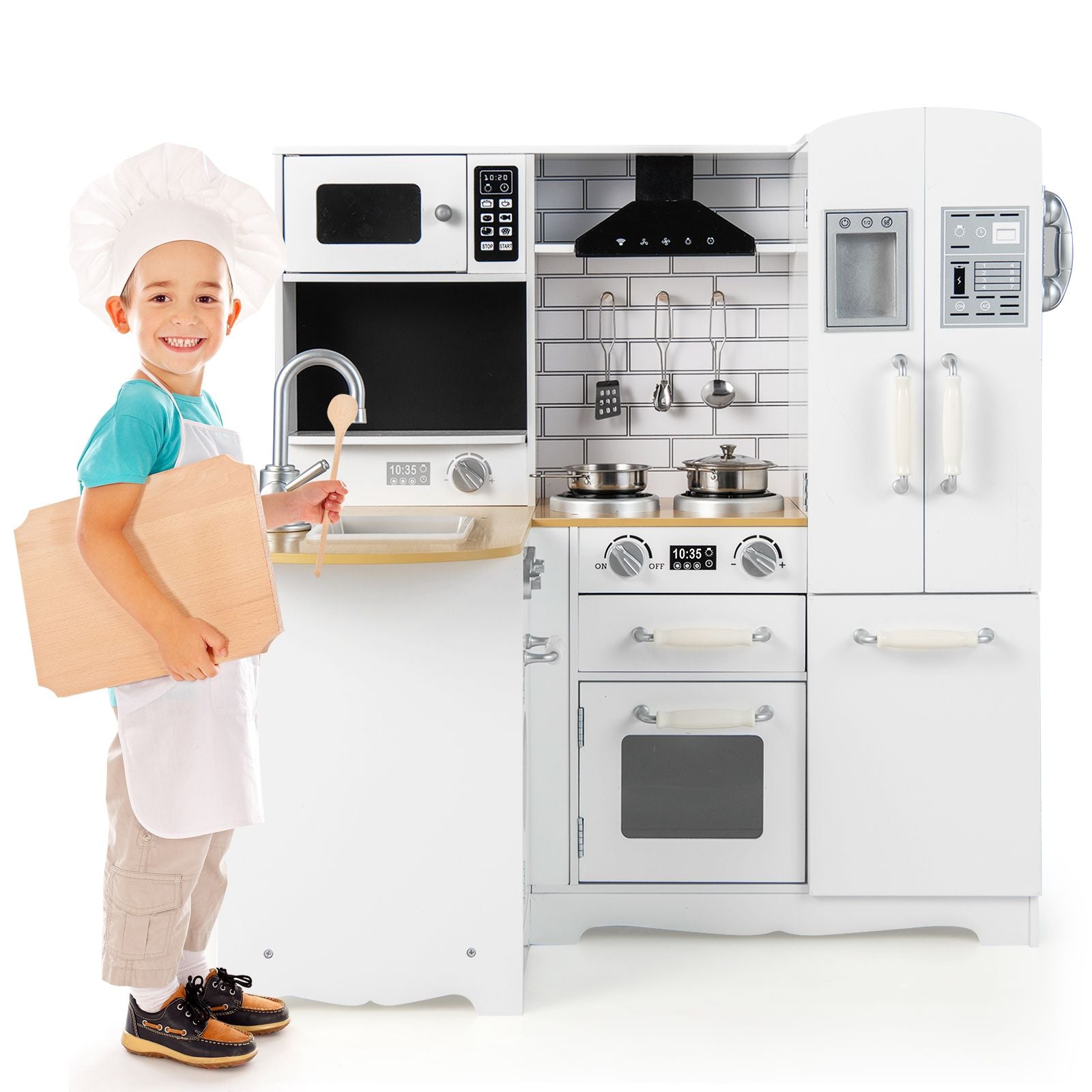Kid'S Corner Kitchen Playset Wooden Play Kitchen with Range Hood